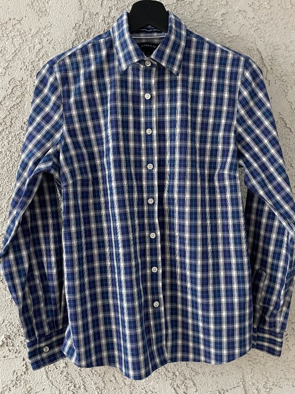 Lands' End Blue Plaid No Iron Pinpoint Oxford Shirt 8
